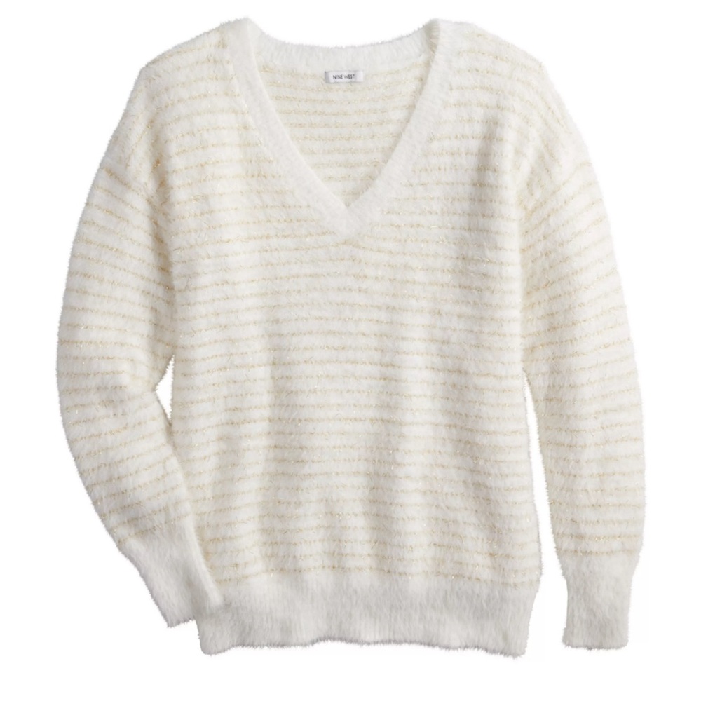 C8- NINE WEST IVORY/GOLD V NECK SWEATER - SIZE LARGE